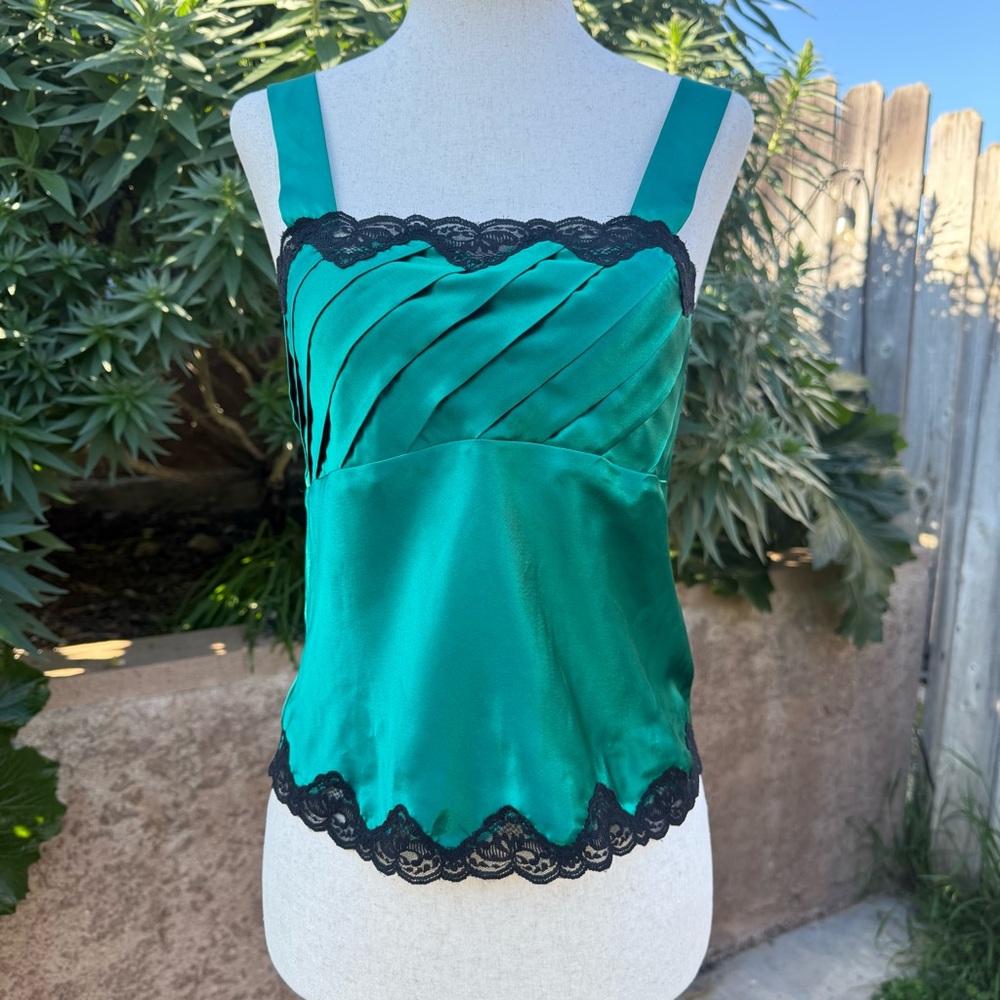 Vintage Victoria's Secret Green Satin Camisole with Black Lace